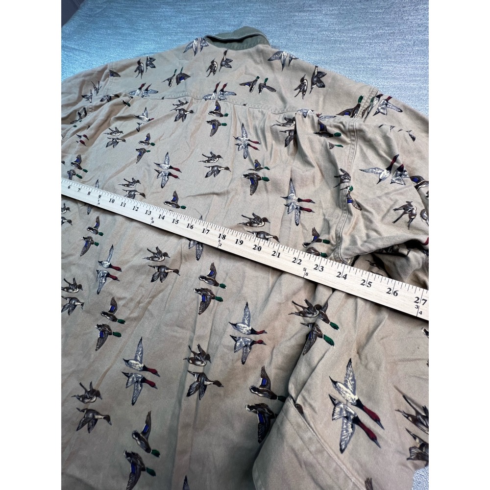 Mens Mallard Duck Flight Print Button Down Shirt Tan Cotton Canvas Hunting L - Picture 7 of 7